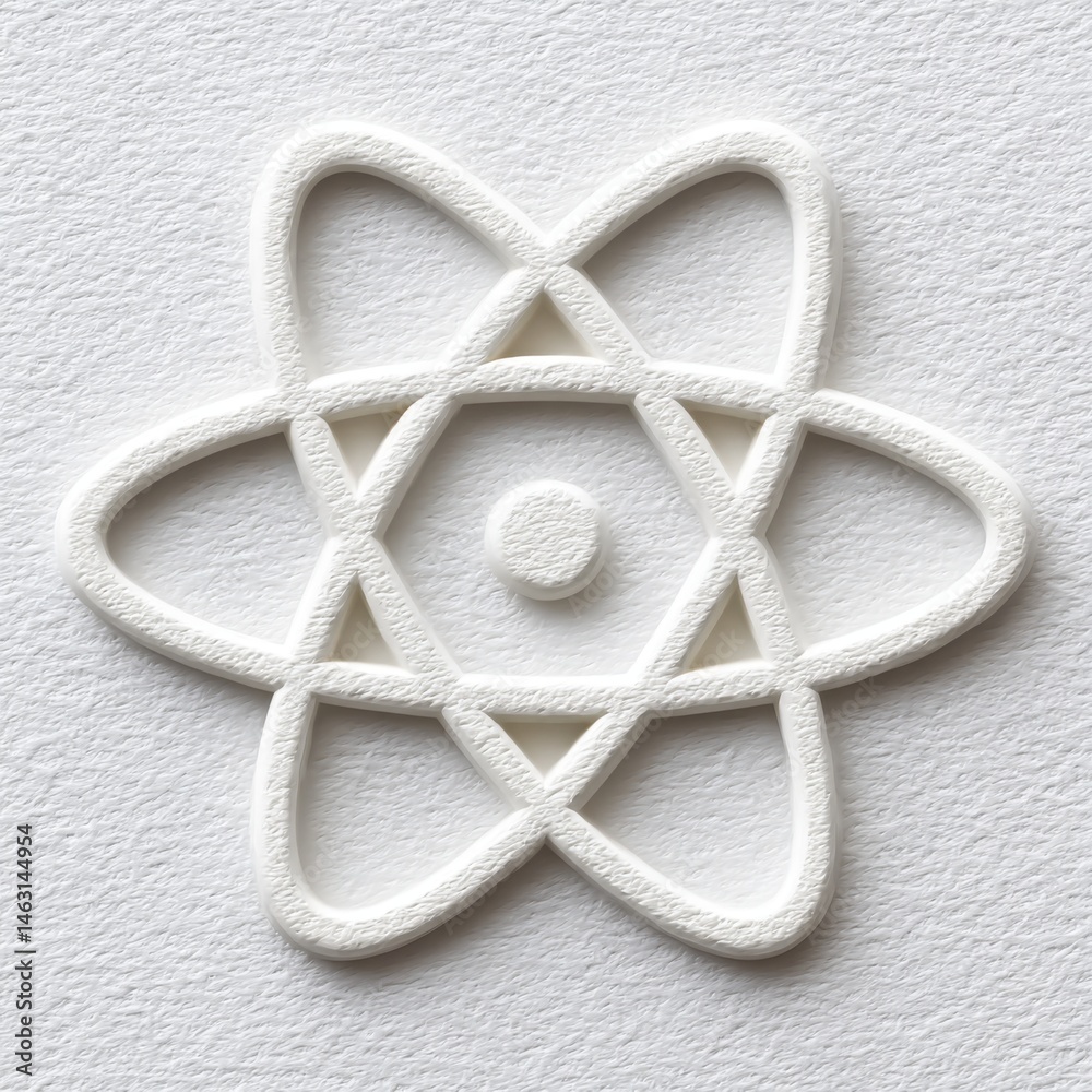 Aufkleber white embossed design of an atom on textured paper with soft lighting.