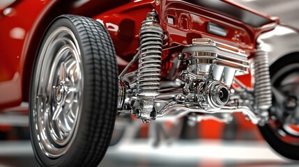 Fototapeta premium Exquisite Red Hot Rod Chassis Detailing Chromed Shocks and Sleek Tire Design