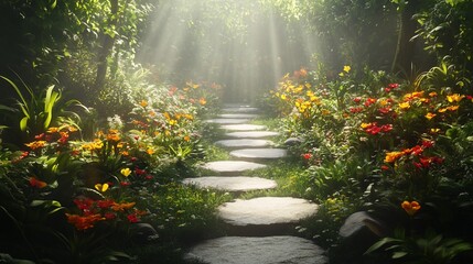 Fototapeta premium Stone path through flowers, illuminated by sunlight streaming through trees in a forest