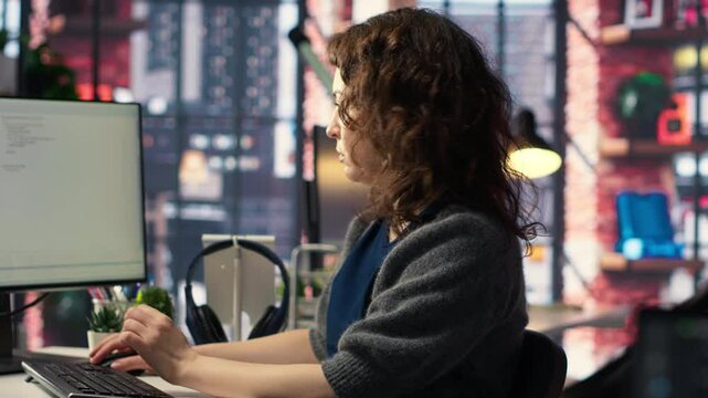 Young woman programming software code on her computer, using coding language for debugging tasks. Workspace with dual monitors helps with software engineering and web development. Camera B.
