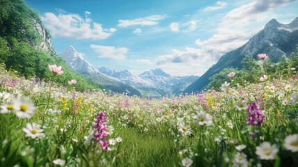 Obraz premium Vast mountain valley filled with colorful wildflowers under a bright blue sky surrounded by towe rugged peaks and lush greenery in a pristine natural landscape