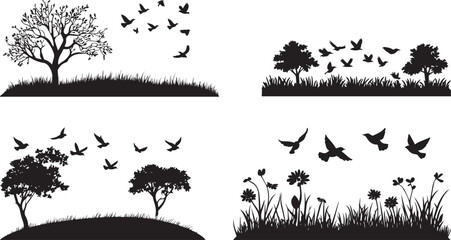 Silhouette Collection of Birds Flying Over Trees and Fields Nature and Wildlife Landscape Set © Nazia