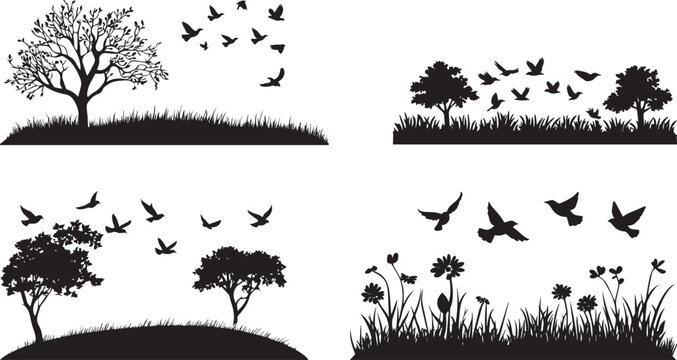 Silhouette Collection of Birds Flying Over Trees and Fields Nature and Wildlife Landscape Set