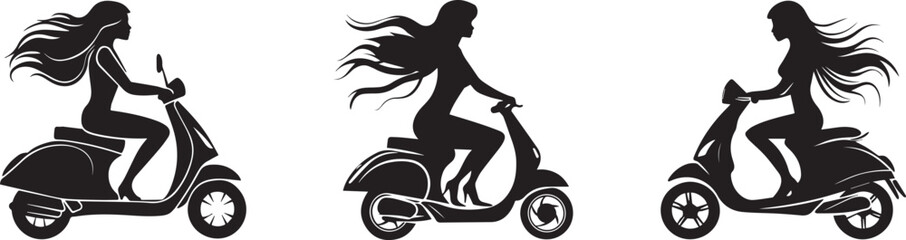 Silhouette of Women Riding Scooters with Flowing Hair Urban Freedom and Motion Concept