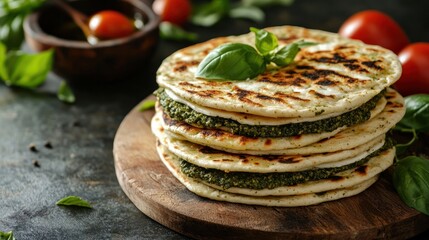 Stack of pita breads filled with pesto and cheese