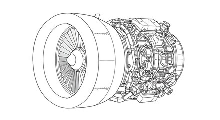 Detailed Jet Engine Turbine Technical Drawing Schematic in Black and White