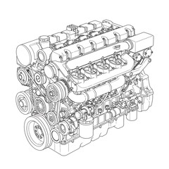 Detailed Line Drawing of a Modern Diesel Engine Assembly Blueprint