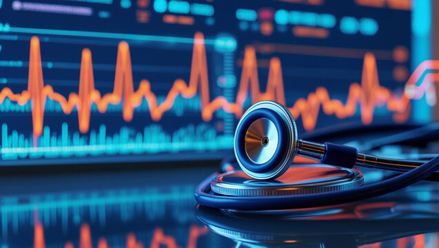 A stethoscope rests on a digital health chart, symbolizing the intersection of medical technology and data analysis in healthcare