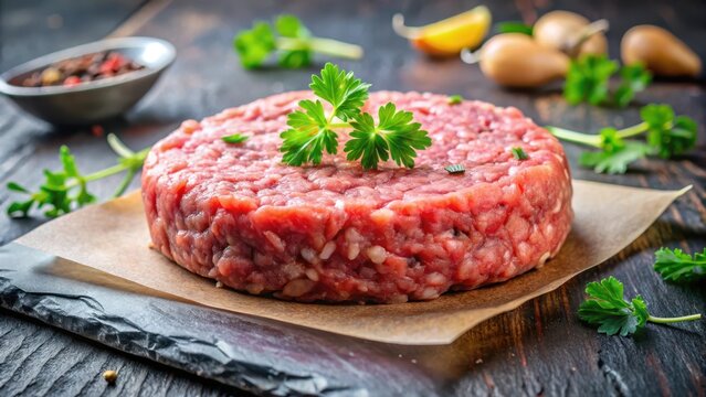 A tender cutlet of traditional German-style raw minced meat patty, fresh out of oven and slightly golden brown on crust , raw minced meat, german cuisine
