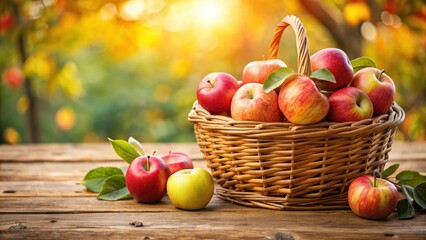 Freshly picked apples in a basket on a wooden table , fruit, market,  fruit