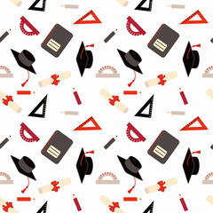 Class of graduation seamless pattern with caps and diploma rolled scroll. Perfect design for college, high school, university. Hand drawn illustration.