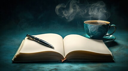 Naklejka premium Open blank notebook with a black pen and steaming cup of coffee on a dark textured surface for note-taking or journaling in a cozy workspace setting