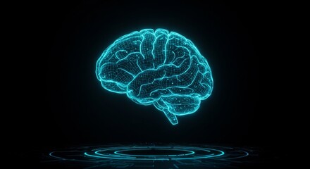 Futuristic Glowing Digital Brain Hologram on Dark Tech Background