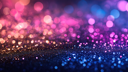 Softly blurred pink purple and blue glittering lights forming a vibrant abstract banner backdrop