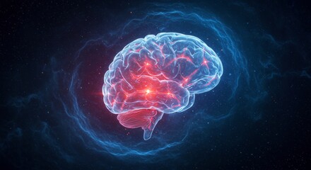 Glowing Blue and Red Brain with Neural Energy Streams on Dark Background