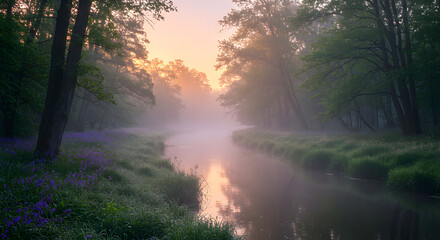 Obraz premium Enchanting Sunrise Over Misty Forest Stream With Wildflowers In Spring
