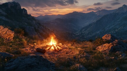 Naklejka premium Scenic mountain landscape du sunset with a campfire in the foreground, rugged terrain, tall peaks, vibrant sky, and tranquil wilderness environment