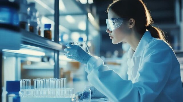 Focused female scientist analyzing samples in a modern laboratory environment