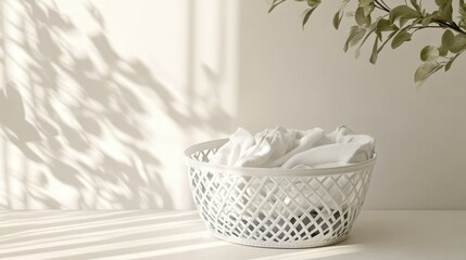 Fototapeta premium Minimalist laundry basket with folded white clothes in bright sunlit room with shadows and green plant in background for home organization and decor