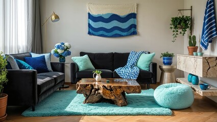 Generative AI, Mediterranean-Inspired Living Room with Coastal Blue Accents