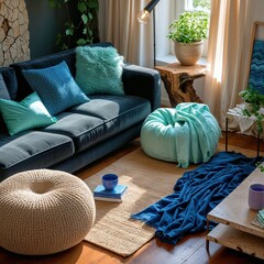 Generative AI, Mediterranean-Inspired Living Room with Coastal Blue Accents