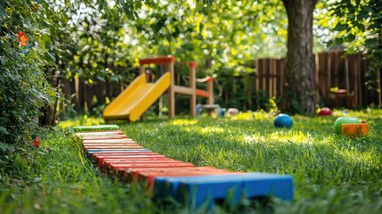 Backyard obstacle course created with kids' toys