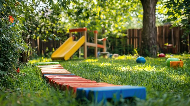 Backyard obstacle course created with kids' toys - Powered by Adobe