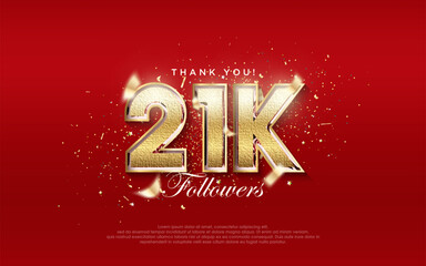 21k Followers Celebration. Number with shiny luxury gold color.
