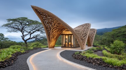 Modern architectural structure, sleek wooden design with curved roof, surrounded by lush greenery, ideal for nature retreats.