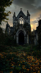 Naklejka premium Eternal Echoes of Faith: The Melancholic Beauty of a Ruined Church Entwined with Nature's Reclamation