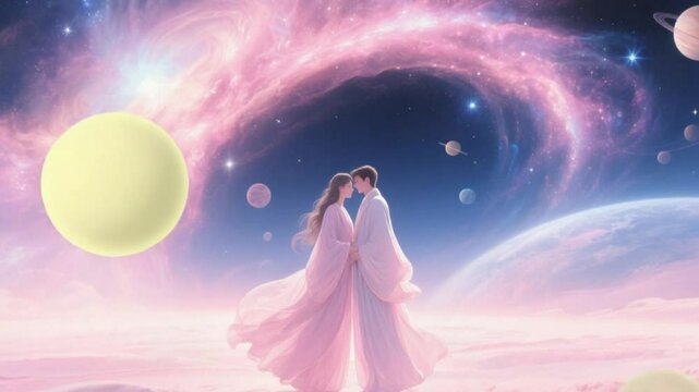 Romantic space couple floating in zero gravity with planet Earth in the background, cosmic love connection, futuristic romance,  4k ,new video  download 