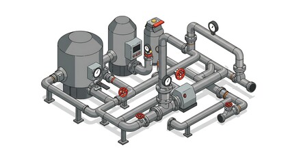 Isometric industrial piping system design with gauges, tanks and valves