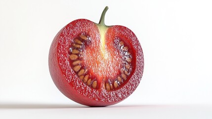 A vibrant, halved tomato, showcasing its internal seeds