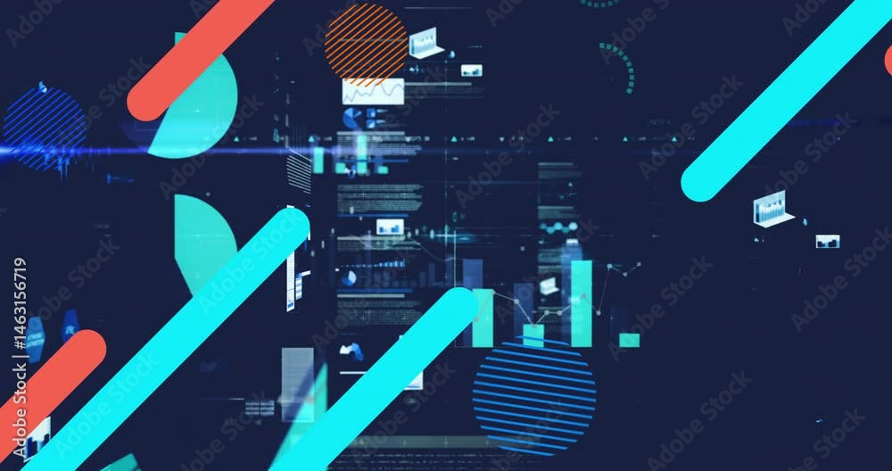 Poster turquoise bar moving across frame while floating charts aligning on futuristic dashboard