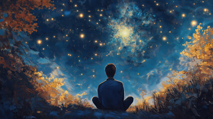 Fototapeta premium Lonely man standing under the night sky looking at the stars above