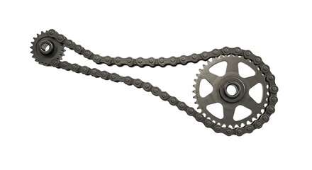 Metal chain with two gears isolated on white background, industry concept