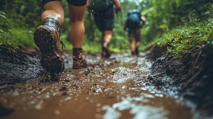 Hiking through muddy trail