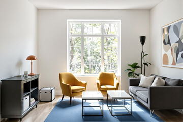 Fototapeta premium A warmly lit living room features a comfortable gray sofa and two mustard yellow armchairs.