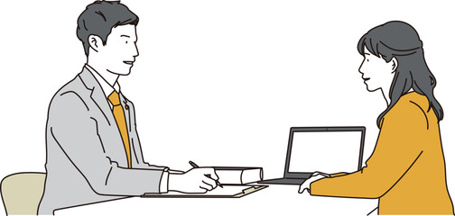 相談を受ける弁護士と相談をする女性のイラスト