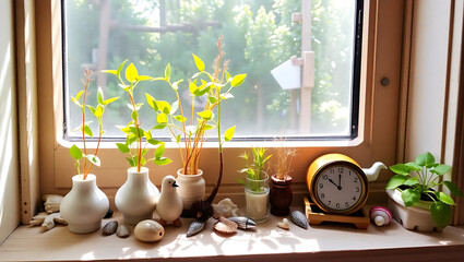 Fototapeta premium Light-Filled Room: Zen-Inspired Indoor Garden with Vibrant Houseplants and Rustic Charm for a Relaxed Lifestyle