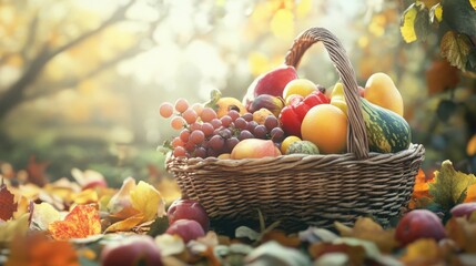wicker basket overflowing with freshly harvested fruits and vegetables
