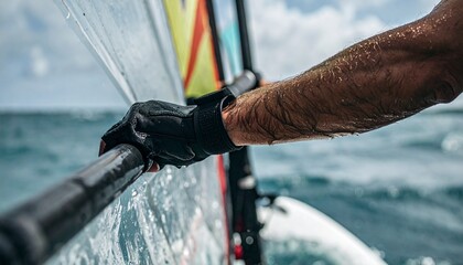 ウィンドサーフィンのセイルを持ち上げる手のクローズアップ。筋肉が張り、濡れたグローブがリアルに映し出され、スポーツの力強さと緊迫感が伝わるシーン

