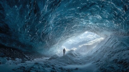Fototapeta premium A solitary figure stands in an icy cave, illuminated by light, showcasing nature's grandeur.