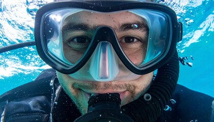 スキューバダイビング用マスクをつけたクローズアップで、ゴーグル越しに笑顔を見せる表情。水中の泡と光が幻想的に反射し、海の美しさと楽しさが感じられるシーン

