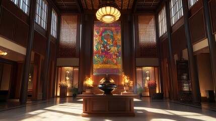 Obraz premium Grand hotel lobby, ornate tapestry, sunlight, peaceful atmosphere, interior design