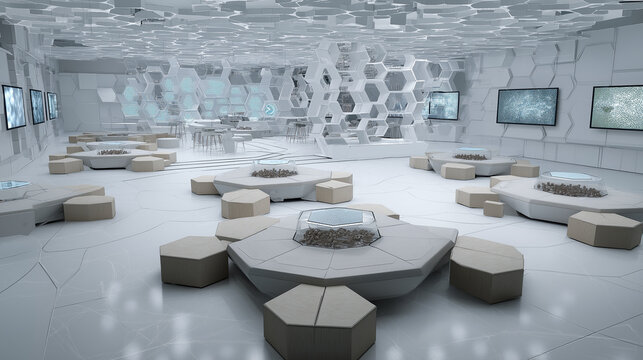 Futuristic IoT innovation hub showcasing hexagonal bench layouts and interactive sensors driving next-generation connected devices