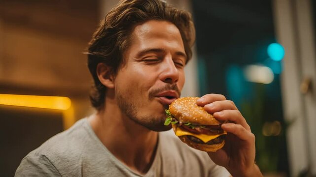 Happy young man enjoying delicious burger in cozy cafe setting