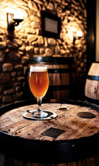 Historic Cellar Bar Atmosphere: Ale on Barrel with Stone Walls and Candlelight