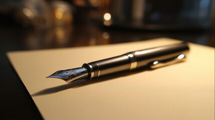 Sleek metal fountain pen balanced in alignment showcasing elegant design for luxury stationery branding campaigns
