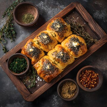 Assorted bakery pogaca rolls with feta herb sprinkles elegantly arranged on rustic linen for artisanal gourmet brunch photography